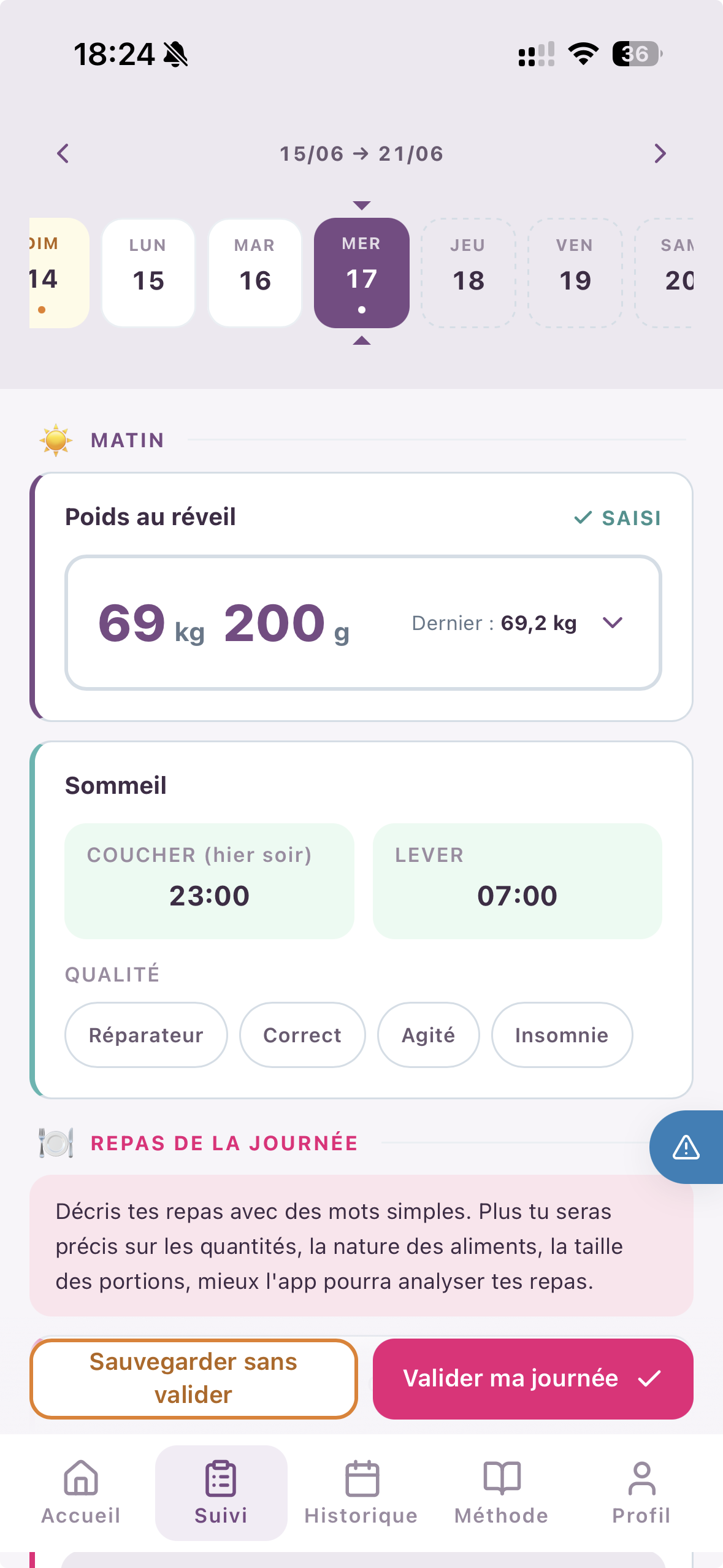 Ecran de saisie du jour